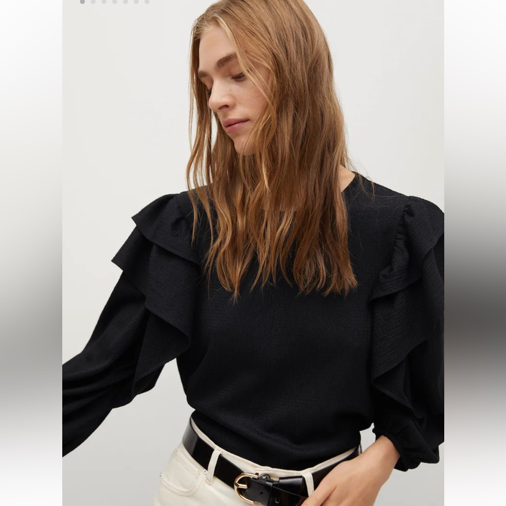 Mango Black Textured Ruffled 3/4 Sleeves Blouse